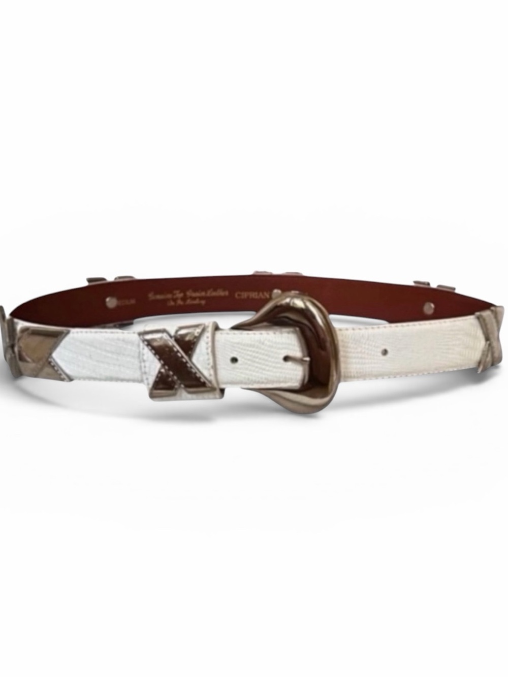 Cipriani White Alligator Embossed Leather Belt with Silver Accents